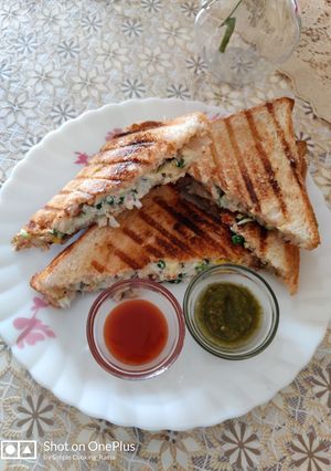A picture of Veg Grilled Sandwich with Curd.