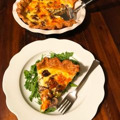 A picture of Fullblood Wagyu Beef Breakfast Sausage, Mushroom, Asparagus, and Jack Cheese Quiche.