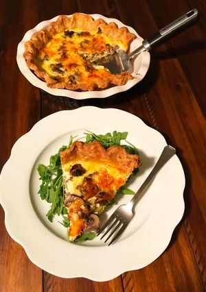 A picture of Fullblood Wagyu Beef Breakfast Sausage, Mushroom, Asparagus, and Jack Cheese Quiche.