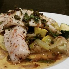 A picture of Brad's keto friendly walleye w/ basil caper browned butter sauce.