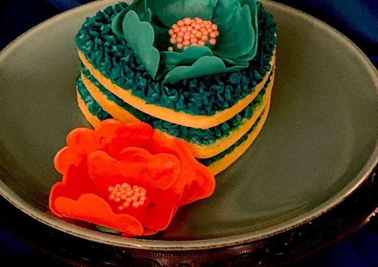 Heart Shaped Mini Cake with Blue Buttercream Hydrangeas & Colorful Chocolate Flowers