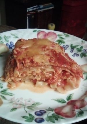 A picture of Cheese steak lasagna.