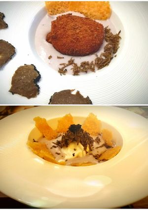 Foto di Uovo bazzotto (fritto e non) su purè di patate viola e tartufo