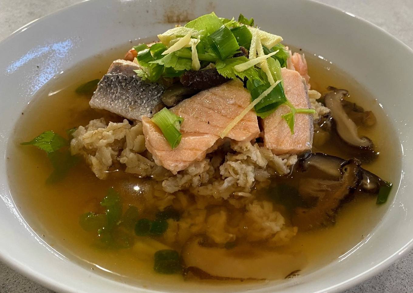Oat Shiitake Mushroom Soup with Salmon