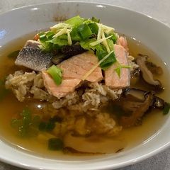 A picture of Oat Shiitake Mushroom Soup with Salmon.