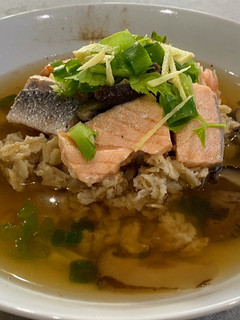 A picture of Oat Shiitake Mushroom Soup with Salmon.