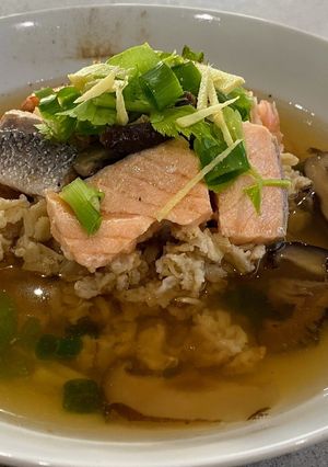 A picture of Oat Shiitake Mushroom Soup with Salmon.