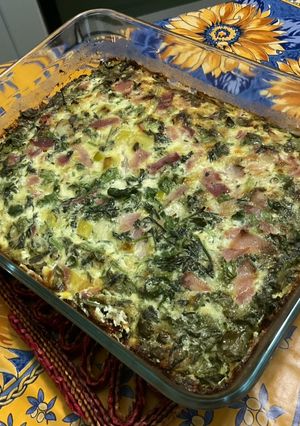 Une photo de Flan aux fanes de carottes, oignons nouveaux, jambon et saint Moret