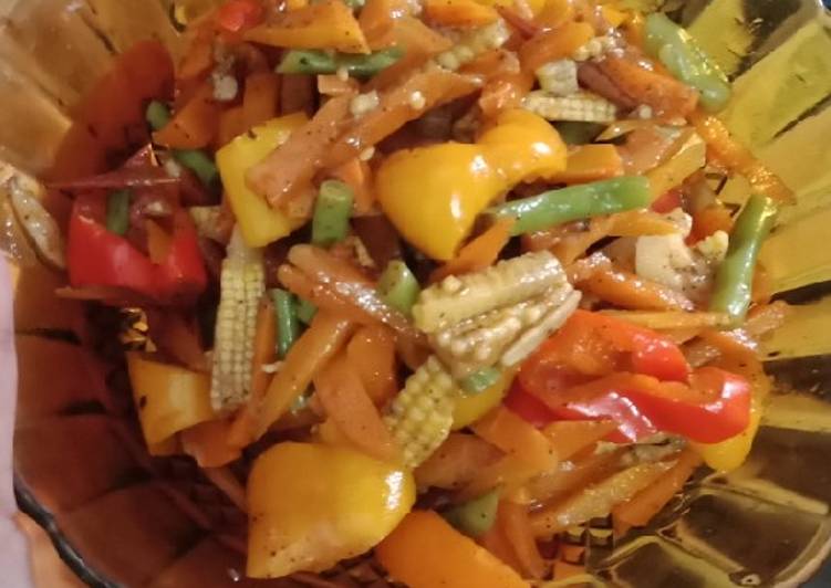 Tumis baby corn, sweet pepper, wortel, buncis, lada hitam