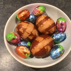Easter eggs (not chocolate but real boiled egg!) A picture of Easter eggs (not chocolate but real boiled egg!).