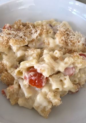 A picture of 3 Cheese Hot Dog Macaroni with Crispy Crumb Topping.