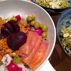 A picture of Monday Night Salad (w/ pea pasta).