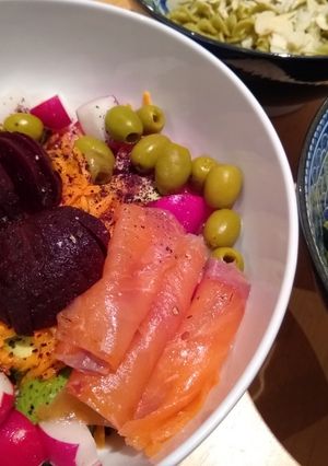 A picture of Monday Night Salad (w/ pea pasta).