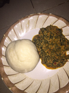 A picture of Pounded yam and Egusi soup.