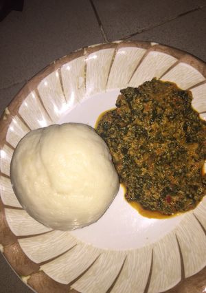 A picture of Pounded yam and Egusi soup.