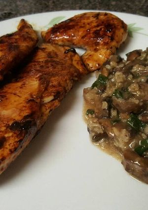 A picture of Balsamic chicken and mushrooms.