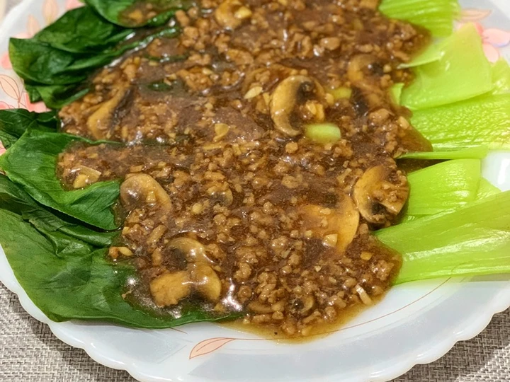 Langkah Mudah untuk Menyiapkan Resep Tumis Pokcoy Siram Daging Cincang dan Jamur Champignon yang Sempurna