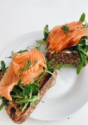 A picture of Salmon and Garlic Cream Cheese Open Sourdough Sandwich.