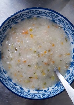 Hình của món Cháo cho bé: thịt heo bí đỏ khoai tây.