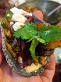 Veggie tacos with 'pulled' King Oyster mushroom + roast squash