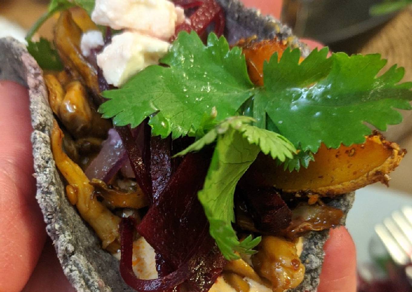 Veggie tacos with 'pulled' King Oyster mushroom + roast squash