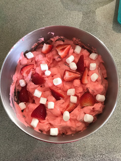 A picture of One Freaking Delicious Strawberry Jell-o Salad.