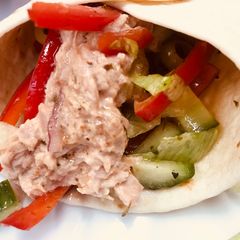 A picture of Sriracha Chilli Yoghurt Tuna and Salad Wrap.