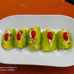 A picture of Parwal ki mithai (pointed gourd sweet) in microwave.