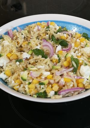A picture of Orzo Salad with Raw Zucchini.