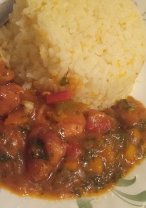 A picture of Chicken breast stew served with rice.