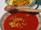 Zelleres paradicsomleves, sajtos, kukoricatallérokkal (vegán)