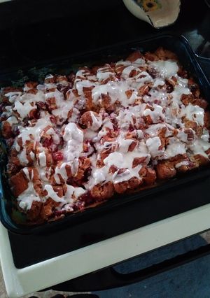 A picture of Cranberry-Lemon Cinnamon Roll Bake.
