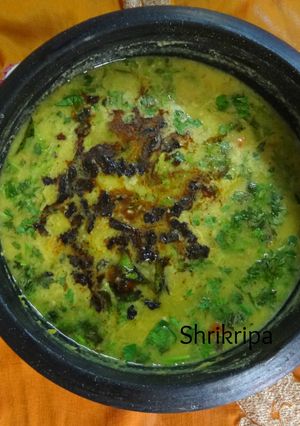 A picture of Methi Dal with Bitter gourd seasoning.
