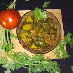 A picture of Spinach Brinjal Potato Sabji.