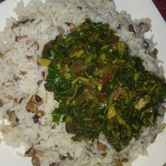 A picture of White rice&beans with vegetable stew.
