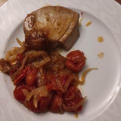 A picture of Albacore Tuna Steaks caramelized cherry tomatoes & onions EASY.