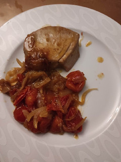 A picture of Albacore Tuna Steaks caramelized cherry tomatoes & onions EASY.