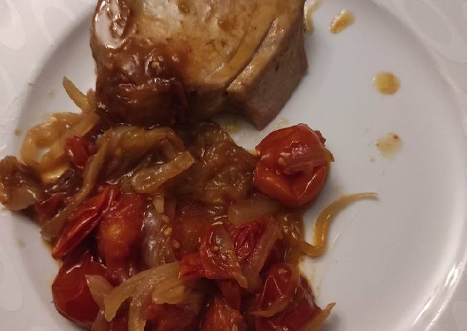 Simple Way to Make Speedy Albacore Tuna Steaks caramelized cherry tomatoes &amp; onions EASY