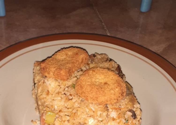 Mushroom Sausage Fried Rice with Meatball Rica Rica Spices