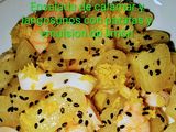 Ensalada tibia de calamar, langostinos, patatas y con emulsión de vinagreta de limón