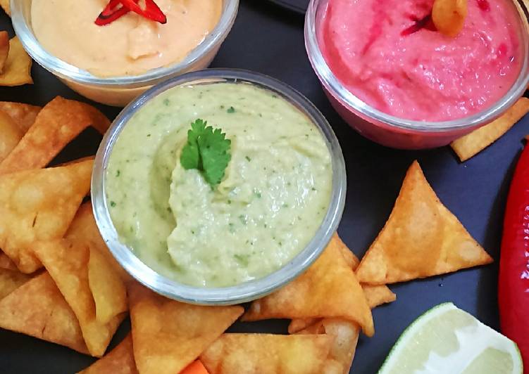 Simple Way to Make Any-night-of-the-week Nachos with 3 different hummus dips