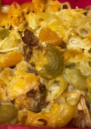 Una foto de Fideos con pollo a la crema de calabaza y queso