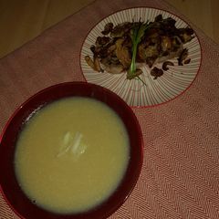 A picture of Vegan white winter soup with mushroom toast.