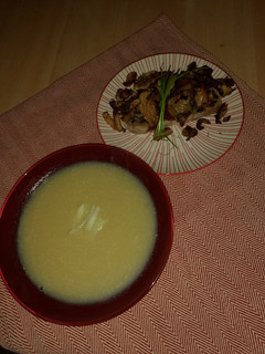 A picture of Vegan white winter soup with mushroom toast.