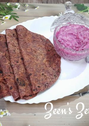 A picture of Beetroot Rotis/Chapatis with Beetroot Onion Raita.
