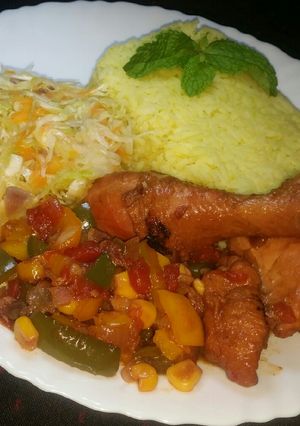 A picture of Mexican Sweet Corn & Chicken Combo with Rice n Steamed Cabbage.