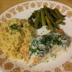 A picture of Baked Salmon with Spinach Mushroom Sauce.