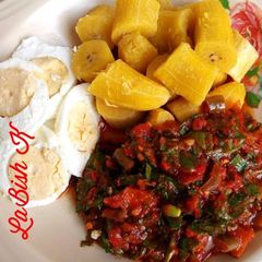 A picture of Boiled plantain,egg and vegetable sauce.