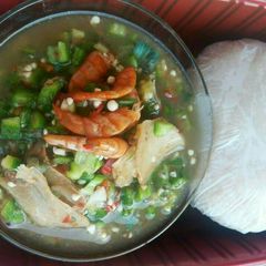 A picture of Sea food with Okro soup and pounded yam.