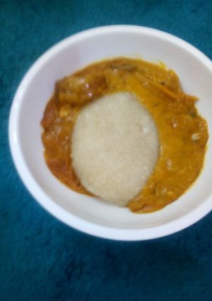 A picture of Owwo soup with eba.